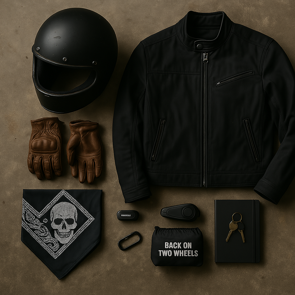 Flat lay of essential motorcycle gear including a helmet, gloves, weatherproof jacket, Bluetooth communicator, and ride logbook, arranged on a rugged surface with the Back On Two Wheels logo featured—capturing the authentic spirit of community and preparedness.