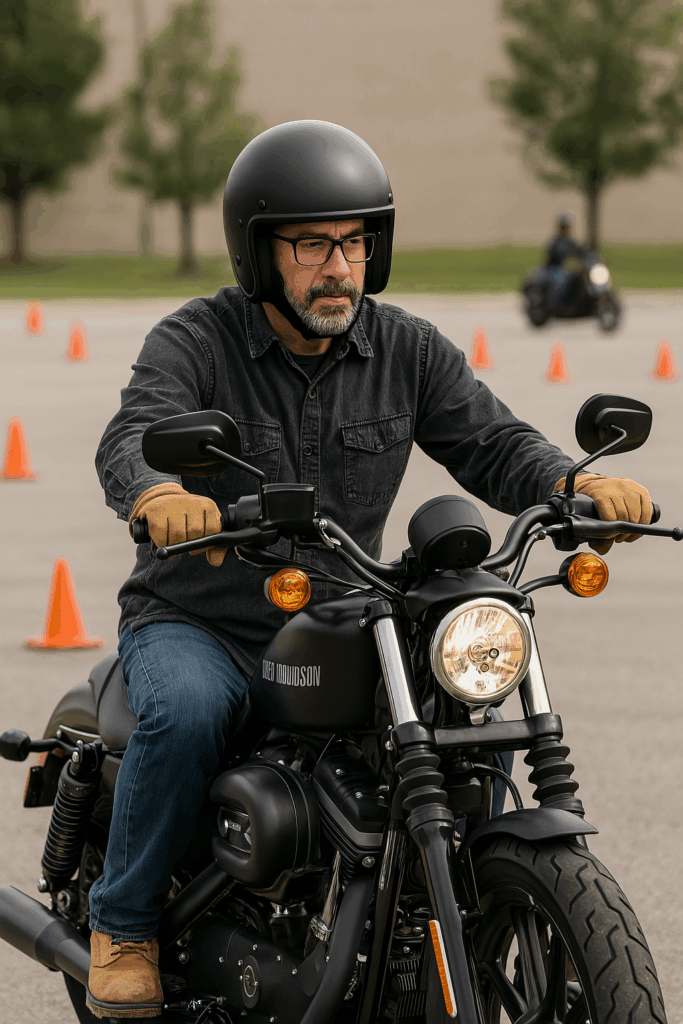New rider learning to ride a Harley-Davidson motorcycle during training class outdoors.