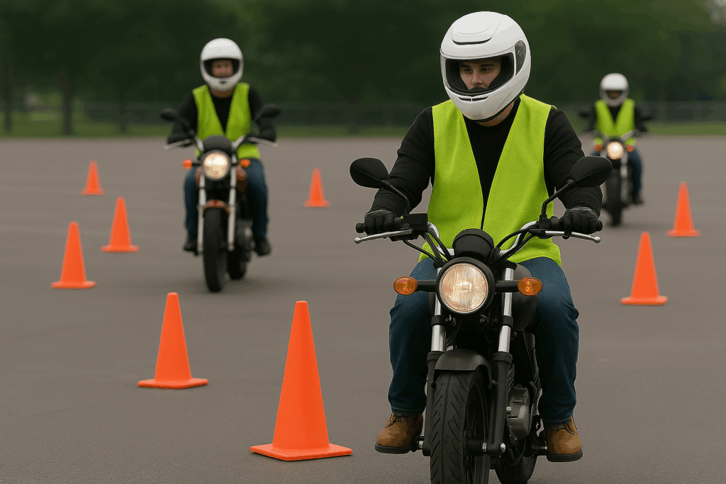 Group of new motorcycle riders preparing for training during the MSF Basic RiderCourse